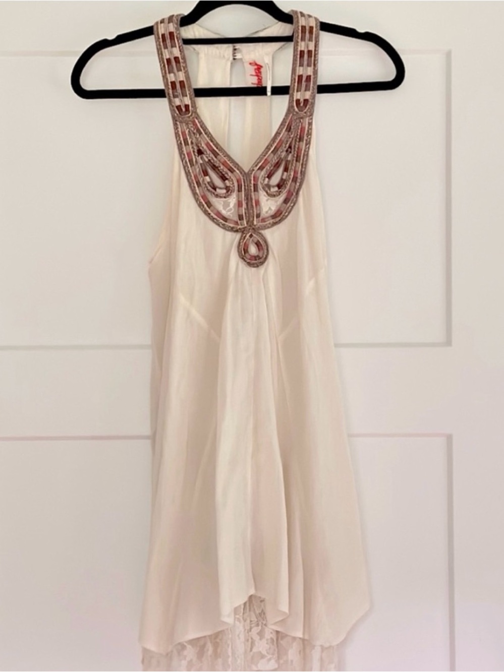 Free People Boho Beaded Embroidered Halter Dress White Lace Trim Slip Hem XS